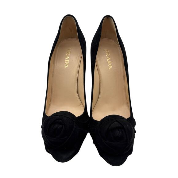 Prada Rosette Peep Toe Black Suede High Heel Pumps Size 38.5 - Picture 2 of 9
